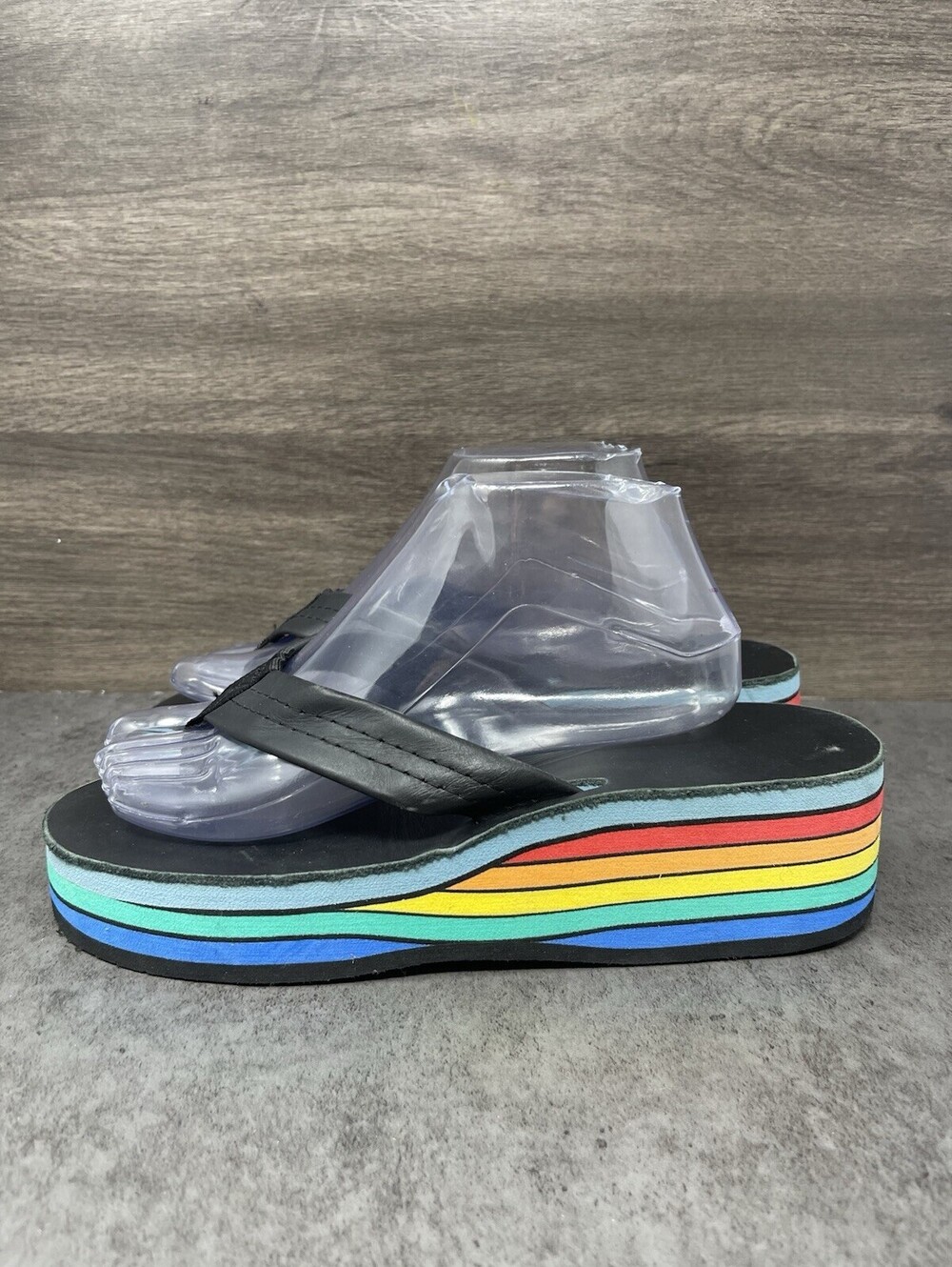 Rainbow Sandals Womens Size 10 Black Leather Platform Wedge Flip Flops Stripe